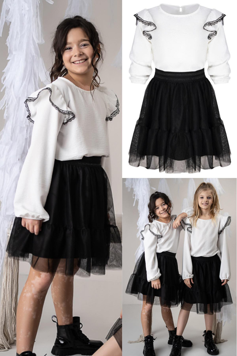 Biała bluzka i czarna spódniczka dla dziewczynki  szkoła odzież dziecięca sówka