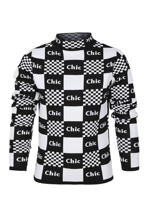 Czarno-biały sweter  dla dziewczynki w pepitkę z napisem CHIC jesień zima odzież dziecięca Sówka