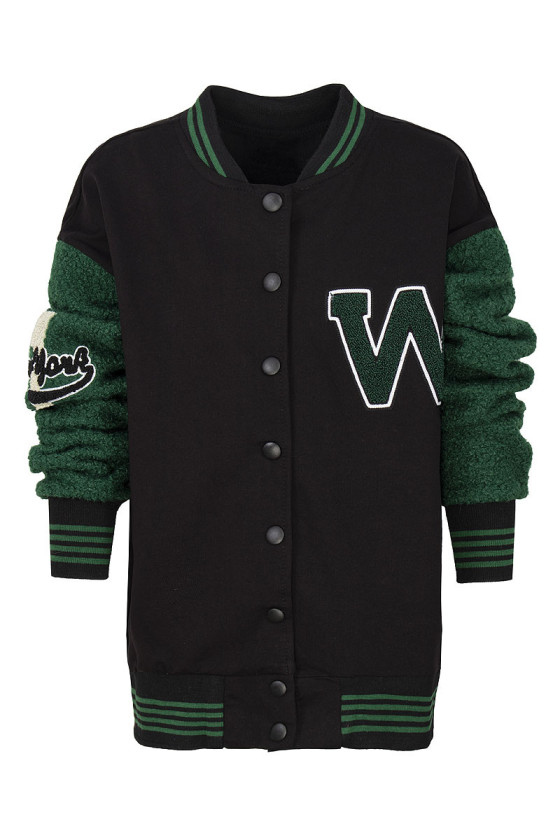 Czarno-zielona kurtka bomberka dla dziewczynki z zielonymi rękawami i ozdobnymi naszywkami jesień zima odzież dziecięca Sówka