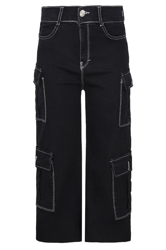 Spodnie  jeans czarne dla dziewczynki kieszenie cargo jesień zima odzież dziecięca Sówka