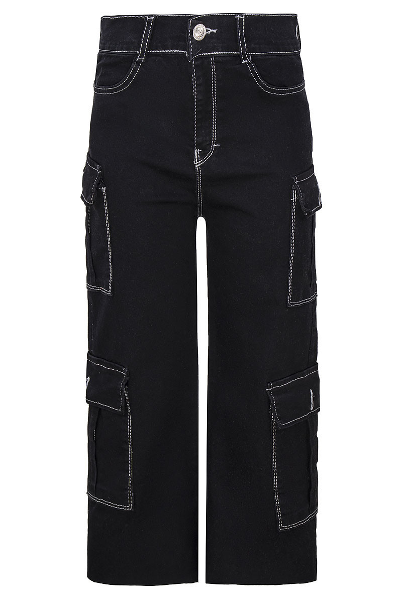 Spodnie  jeans czarne dla dziewczynki kieszenie cargo jesień zima odzież dziecięca Sówka
