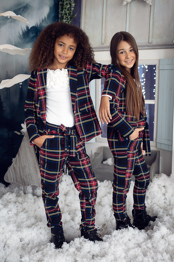 Komplet świąteczny marynarka w kratę i spodnie odzież dziecięca Sówka
