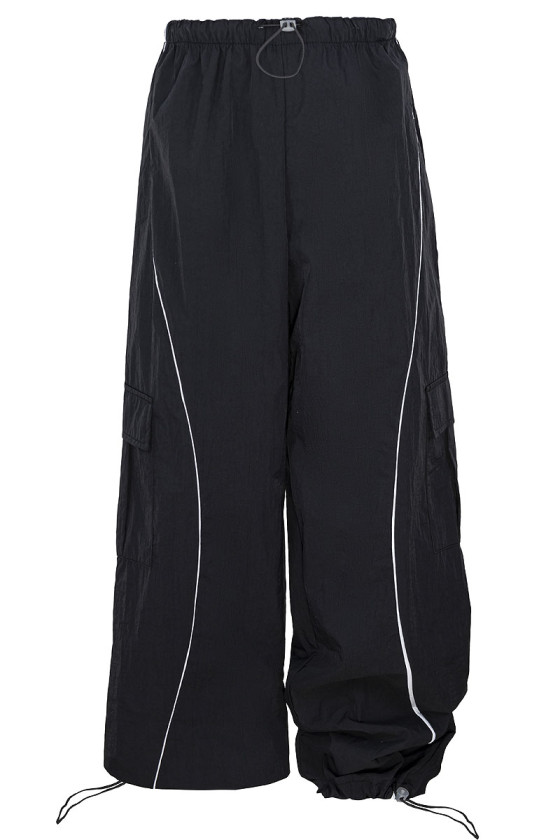 Spodnie spadochrony dla dziewczynki czarne cargo kieszenie odzież dzciecięca sówka spodnie ortalion spodnie szelesty