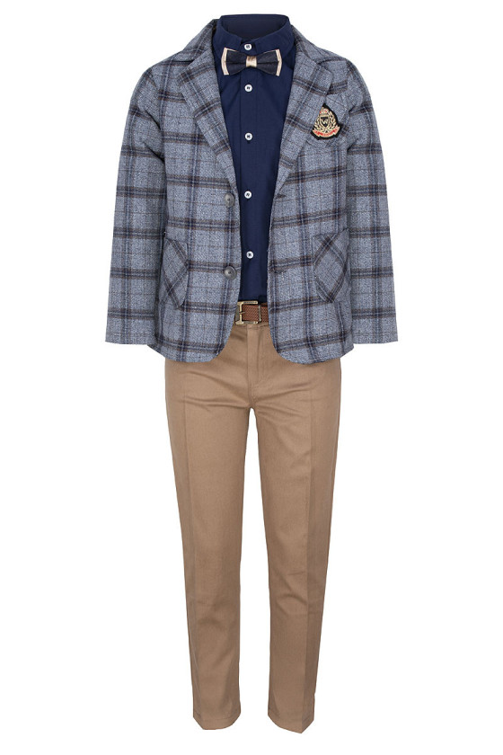 Komplet dla chłopczyka 3częściowy Siri spodnie beżowe marynarka koszula z muszką