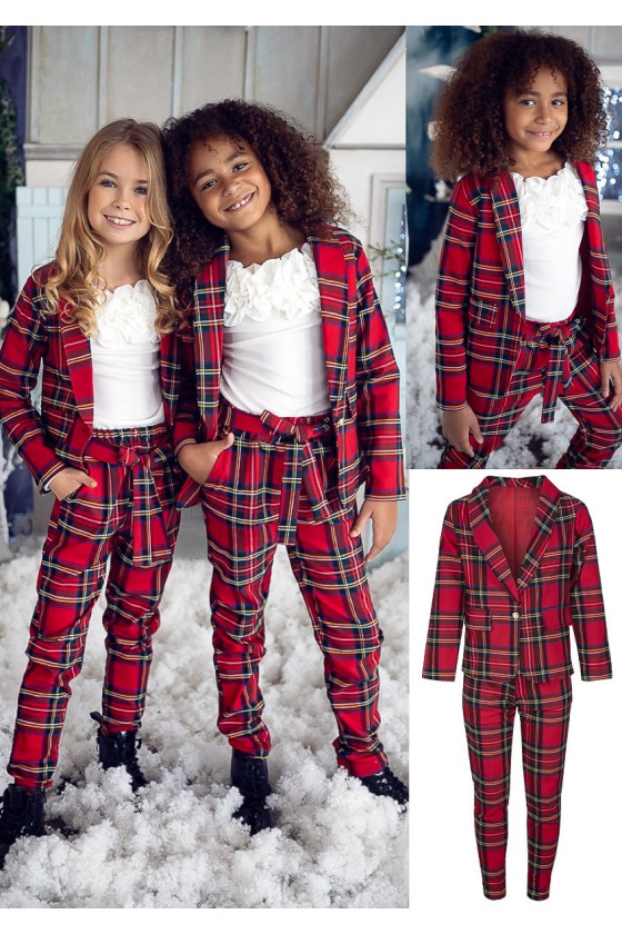 Komplet świąteczny marynarka w kratę i spodnie odzież dziecięca Sówka