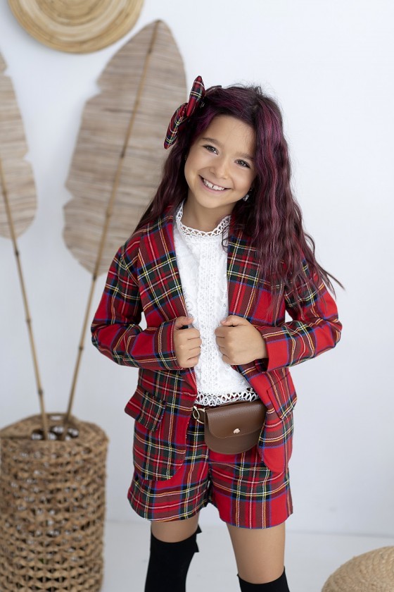Komplet dla dziewczynki żakiet marynarka i spodenki szorty w czerwoną kratkę  jesień w Sówka odzież dziecięca