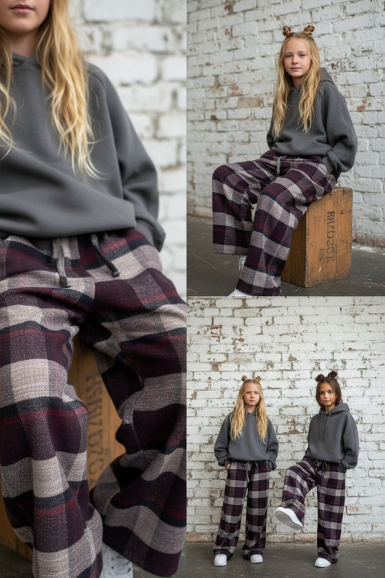 Spodnie dziewczęce Krata Bordowo-granatowe