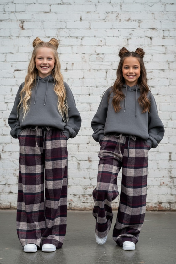 Spodnie dziewczęce Krata Bordowo-granatowe