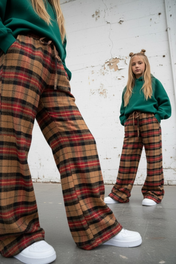 Spodnie dziewczęce Krata Beżowo-czerwone