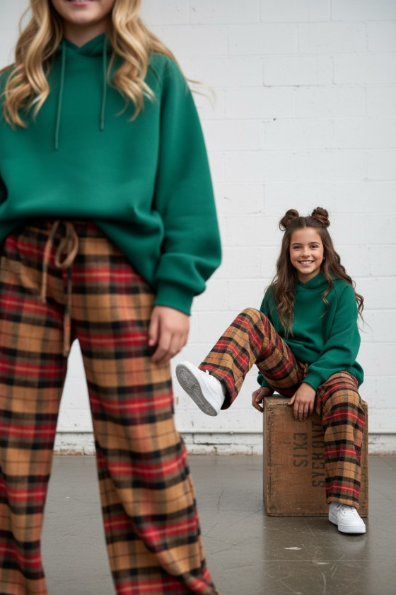 Spodnie dziewczęce Krata Beżowo-czerwone