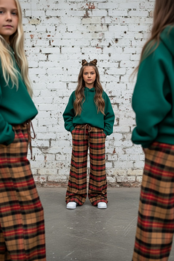 Spodnie dziewczęce Krata Beżowo-czerwone