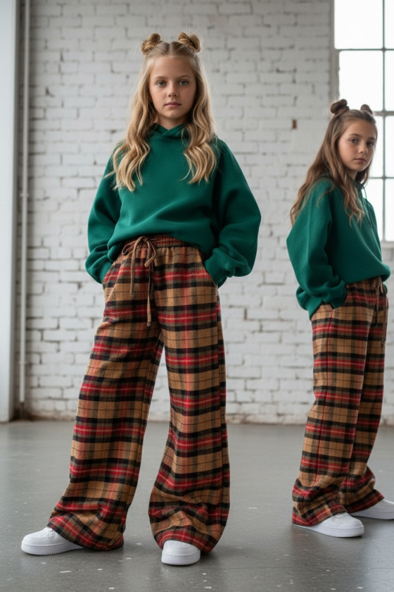 Spodnie dziewczęce Krata Beżowo-czerwone