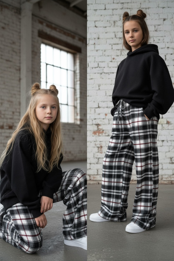Spodnie dziewczęce Krata Czarno-białe