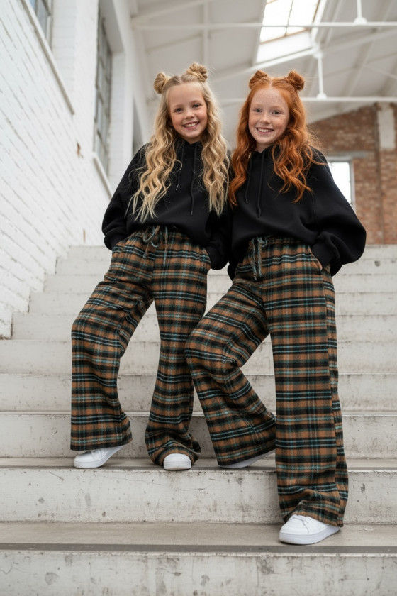 Spodnie dziewczęce Krata Brązowo-seledynowe