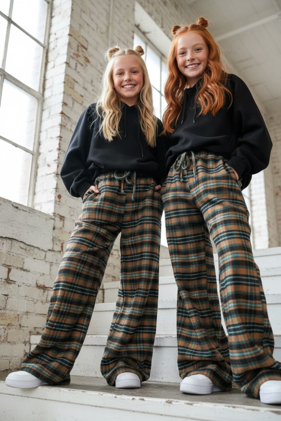 Spodnie dziewczęce Krata Brązowo-seledynowe