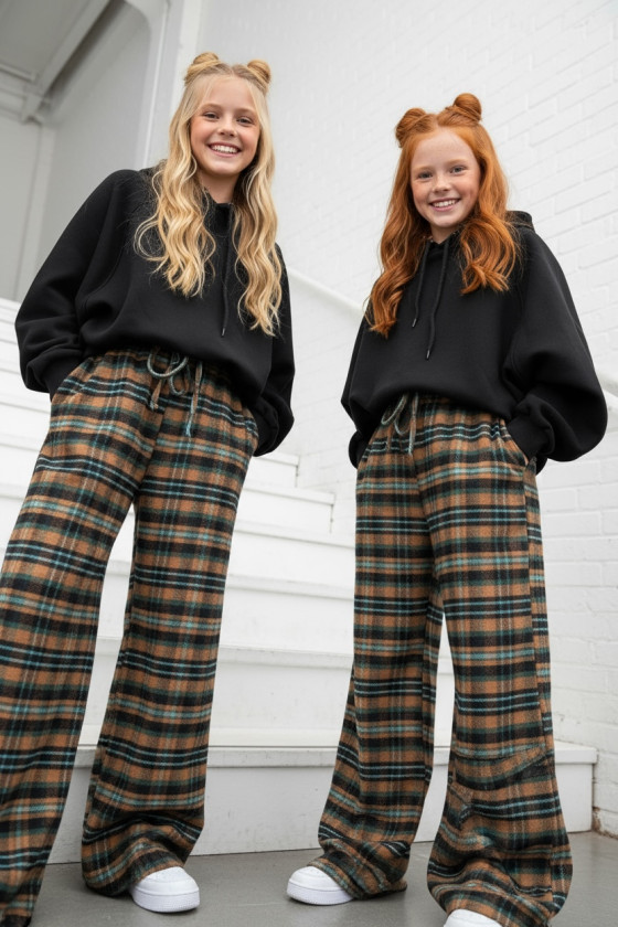 Spodnie dziewczęce Krata Brązowo-seledynowe