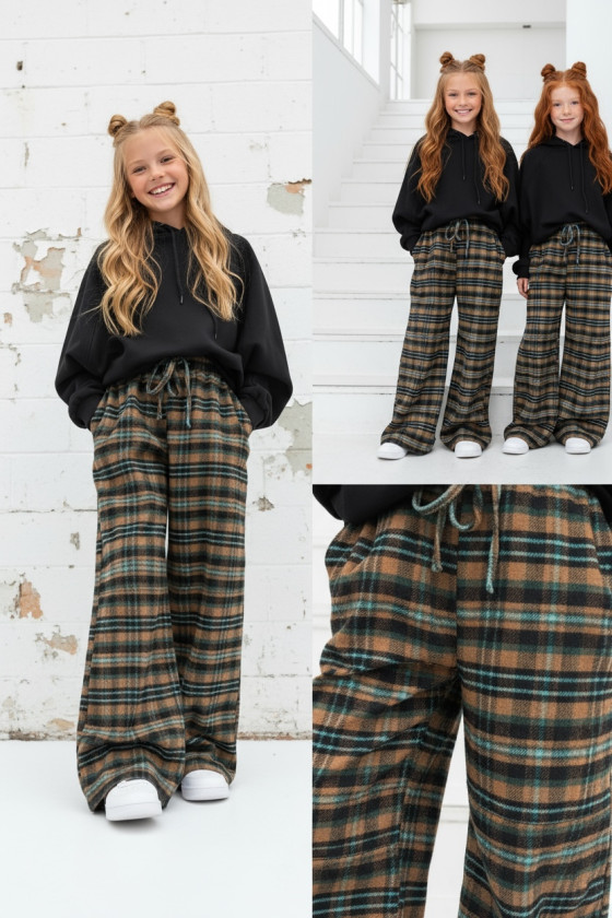 Spodnie dziewczęce Krata Brązowo-seledynowe