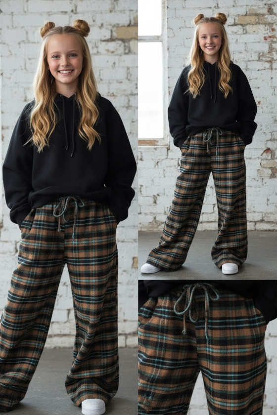 Spodnie dziewczęce Krata Brązowo-seledynowe