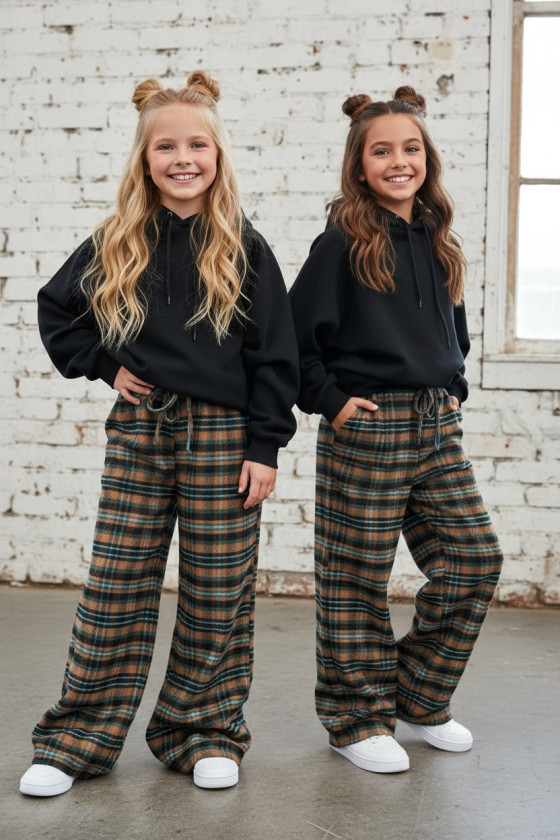 Spodnie dziewczęce Krata Brązowo-seledynowe