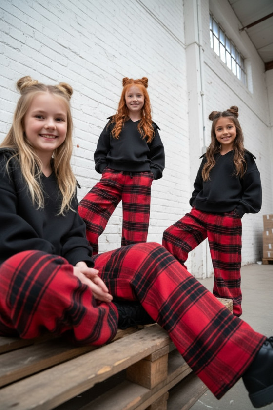 Spodnie dziewczęce Krata Czerwono-czarne