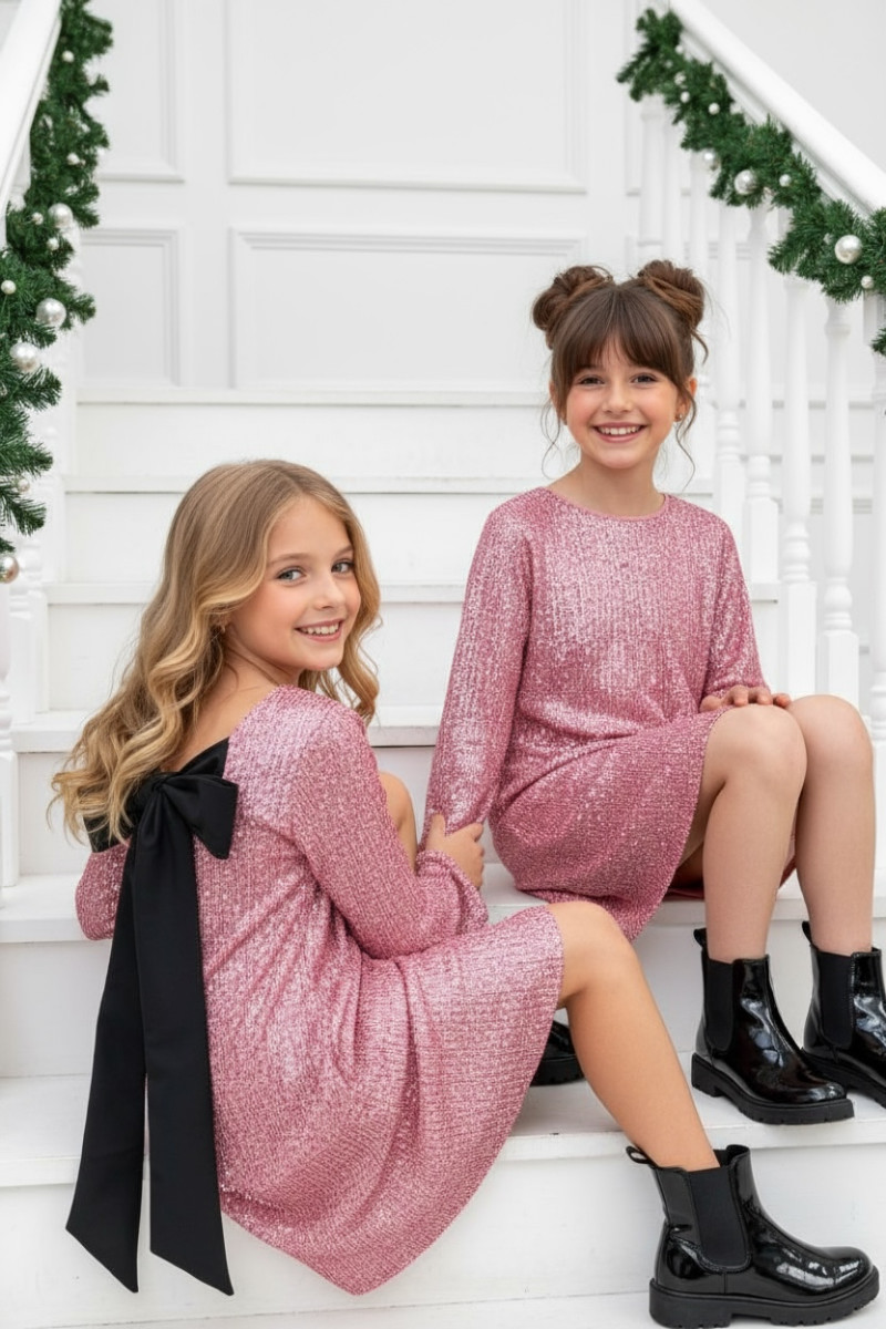 Sukienka dla dziewczynki Kokarda Pudrowa Sukienka dla dziewczynki Kokarda Pudrowa