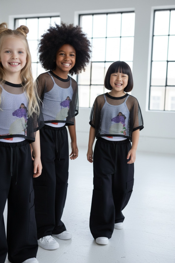 Komplet 3częściowy dziewczęcy Projektantka top+bluzka siatka+spodnie