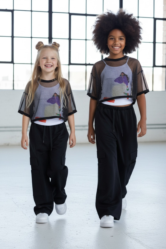 Komplet 3częściowy dziewczęcy Projektantka top+bluzka siatka+spodnie