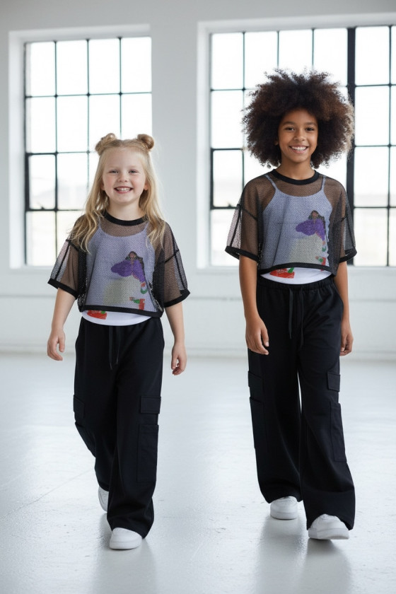 Komplet 3częściowy dziewczęcy Projektantka top+bluzka siatka+spodnie