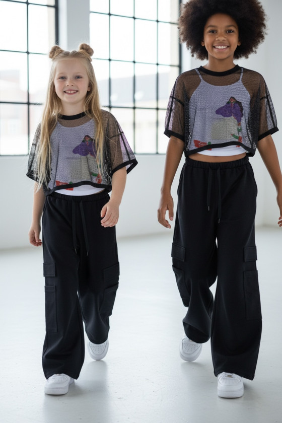 Komplet 3częściowy dziewczęcy Projektantka top+bluzka siatka+spodnie