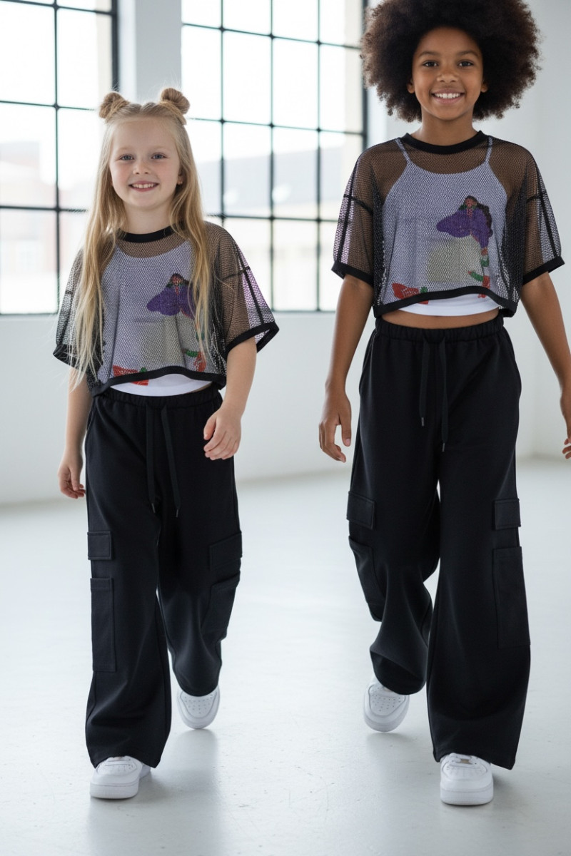 Komplet 3częściowy dziewczęcy Projektantka top+bluzka siatka+spodnie