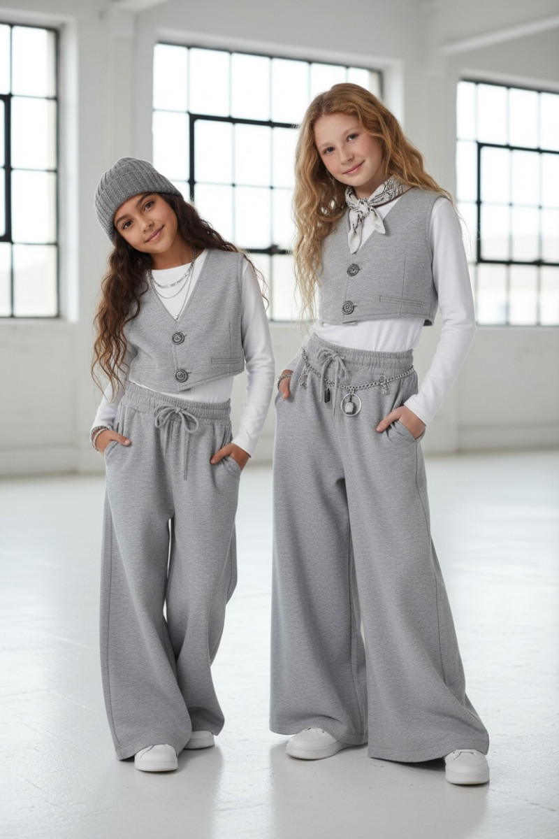 Komplet 3-częściowy Olena kamizeka, biały pasek top, spodnie