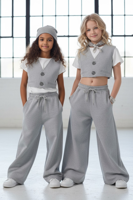 Komplet 3-częściowy Olena kamizeka, biały pasek top, spodnie