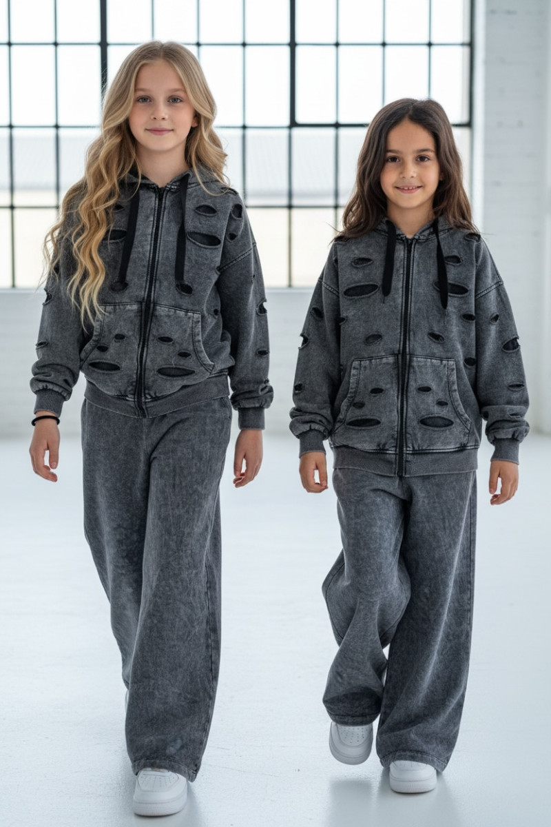 Komplet dla dziewczynki Nelii bluza rozpinana i spodnie Ciemny Szary