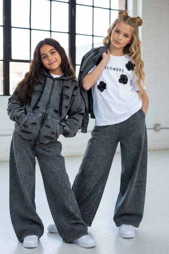 Komplet dla dziewczynki Nelii bluza rozpinana i spodnie Ciemny Szary