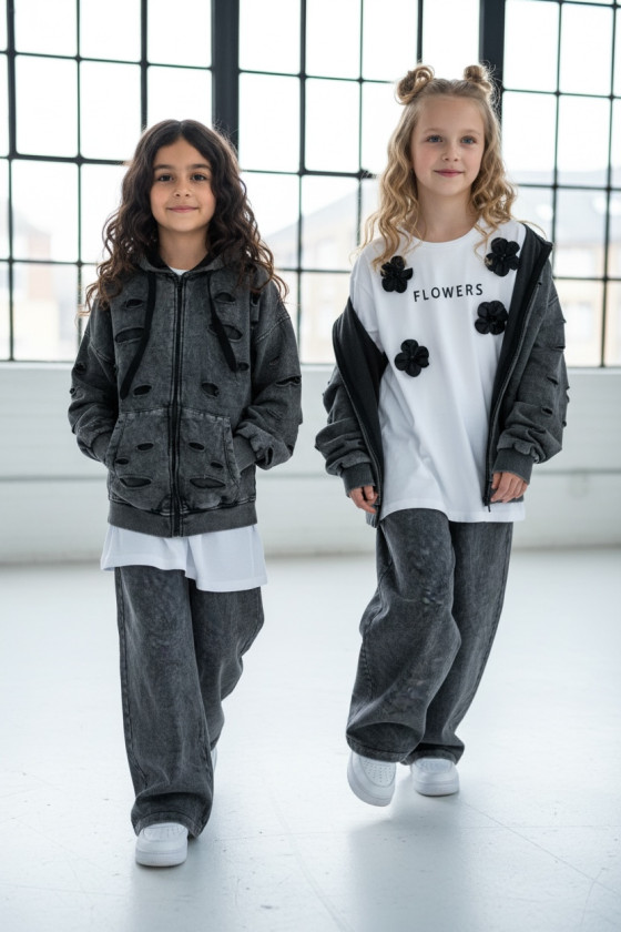 Komplet dla dziewczynki Nelii bluza rozpinana i spodnie Ciemny Szary