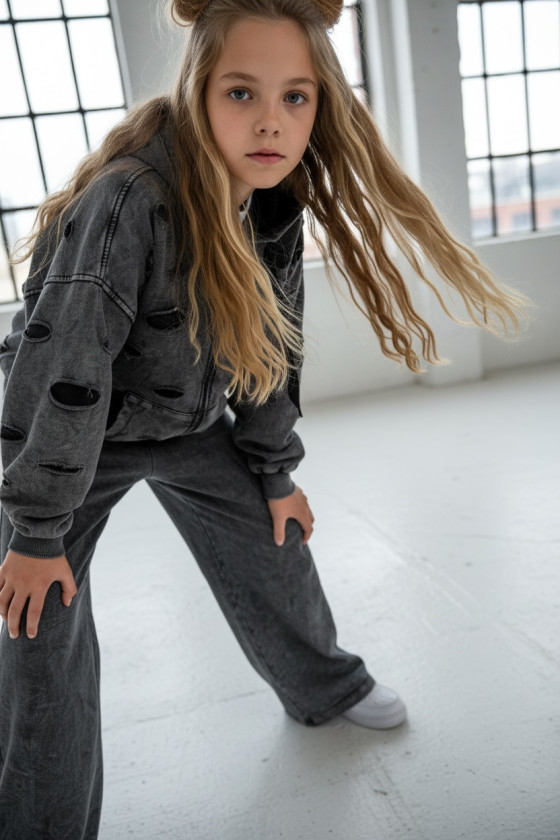 Komplet dla dziewczynki Nelii bluza rozpinana i spodnie Ciemny Szary