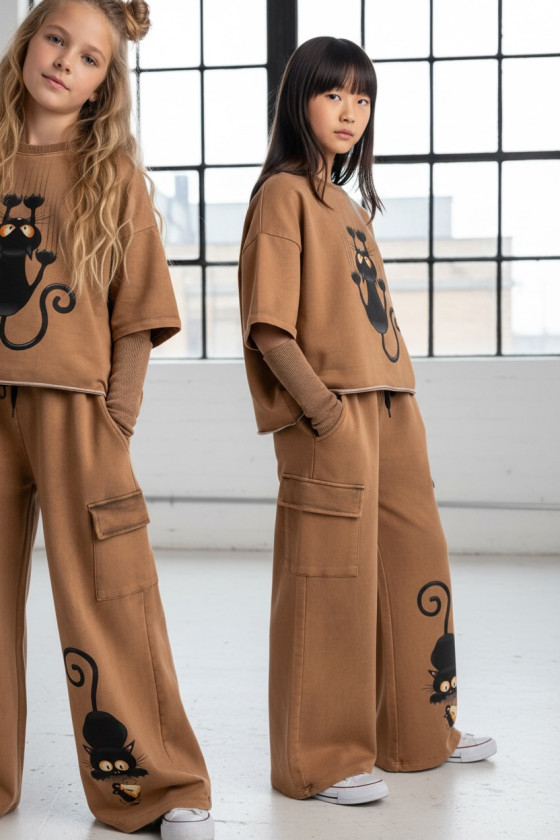 Komplet bawełniany dla dziewczynki over size szerokie spodnie  odzież dziecięca dres bawełniany