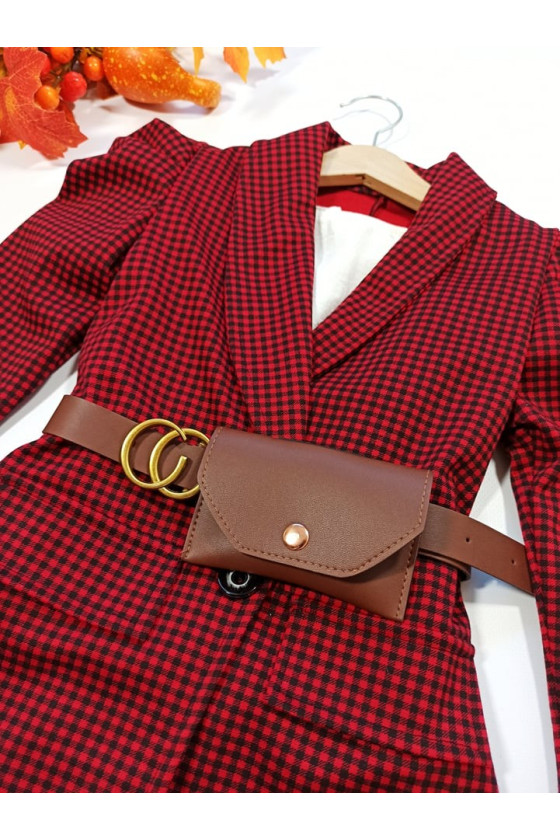 Komplet dla dziewczynki Paris żakiet z saszetką i spodnie czarno czerwona pepitka