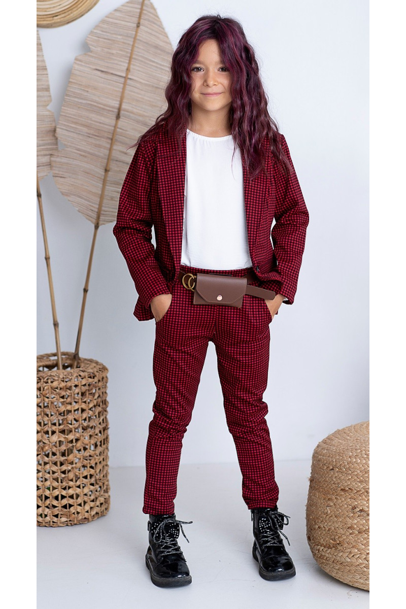 komplet żakiet spodnie  z saszetką czerwony pepitka rozpoczęcie roku  szkolnego jesień sówka odzież dziecięca
