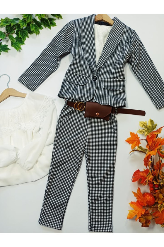Komplet dla dziewczynki żakiet i spodnie w kratke z saszetką witaj szkoło sówka odzież dziecięca