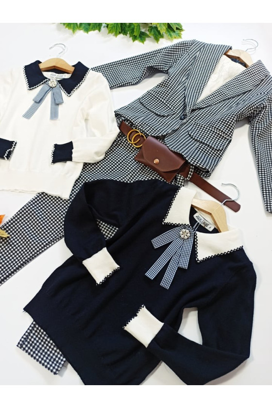 Komplet dla dziewczynki żakiet i spodnie w kratke z saszetką witaj szkoło sówka odzież dziecięca