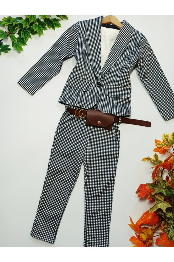 Komplet dla dziewczynki żakiet i spodnie w kratke z saszetką witaj szkoło sówka odzież dziecięca