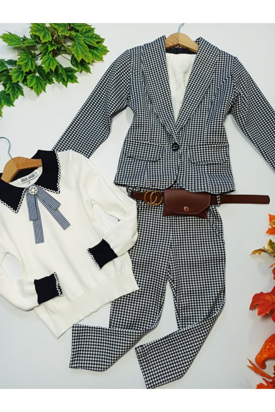Komplet dla dziewczynki żakiet i spodnie w kratke z saszetką witaj szkoło sówka odzież dziecięca