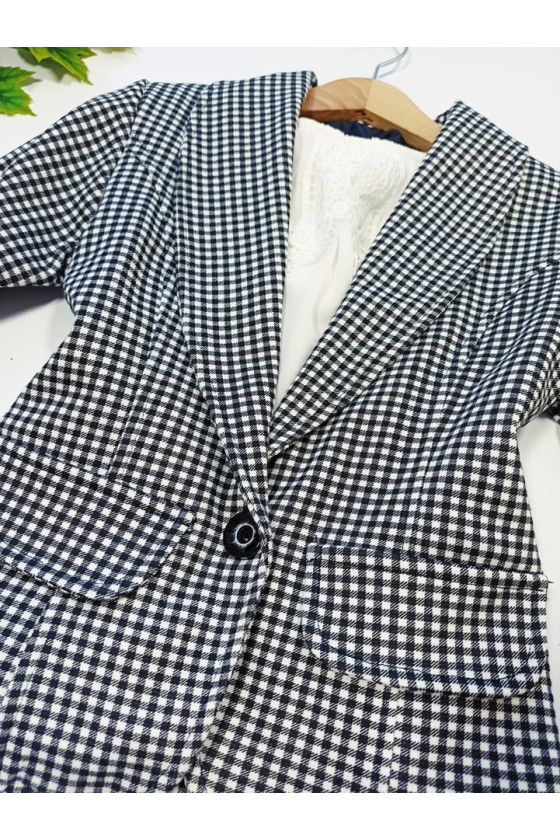 Komplet dla dziewczynki żakiet i spodnie w kratke z saszetką witaj szkoło sówka odzież dziecięca