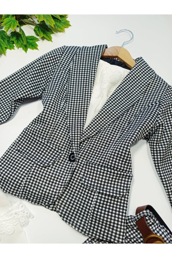 Komplet dla dziewczynki żakiet i spodnie w kratke z saszetką witaj szkoło sówka odzież dziecięca