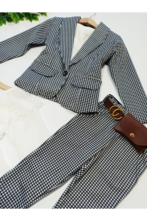 Komplet dla dziewczynki żakiet i spodnie w kratke z saszetką witaj szkoło sówka odzież dziecięca