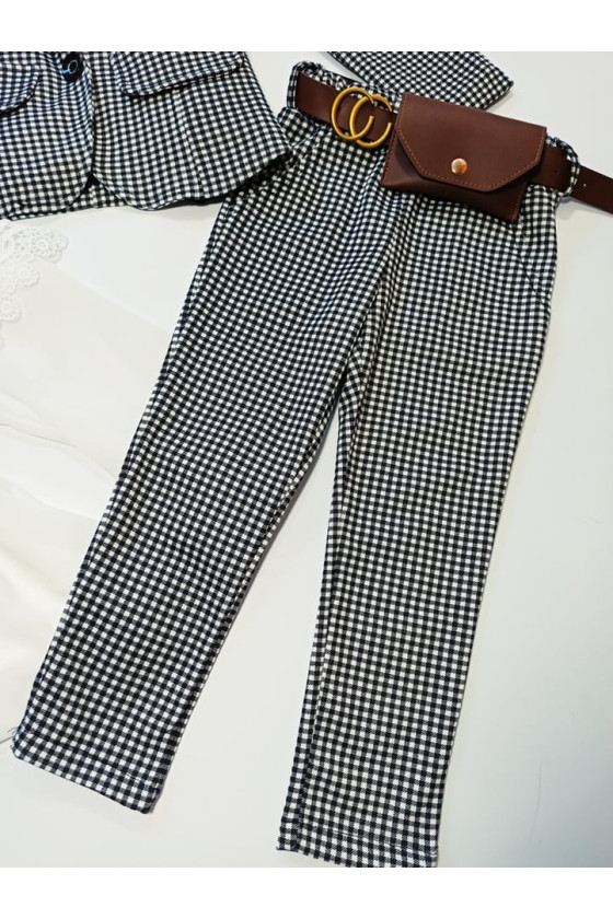 Komplet dla dziewczynki żakiet i spodnie w kratke z saszetką witaj szkoło sówka odzież dziecięca