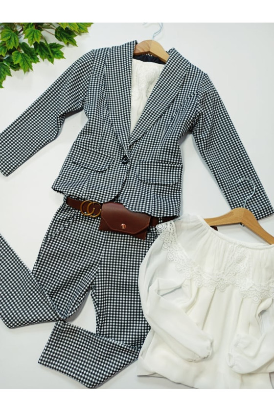 Komplet dla dziewczynki żakiet i spodnie w kratke z saszetką witaj szkoło sówka odzież dziecięca