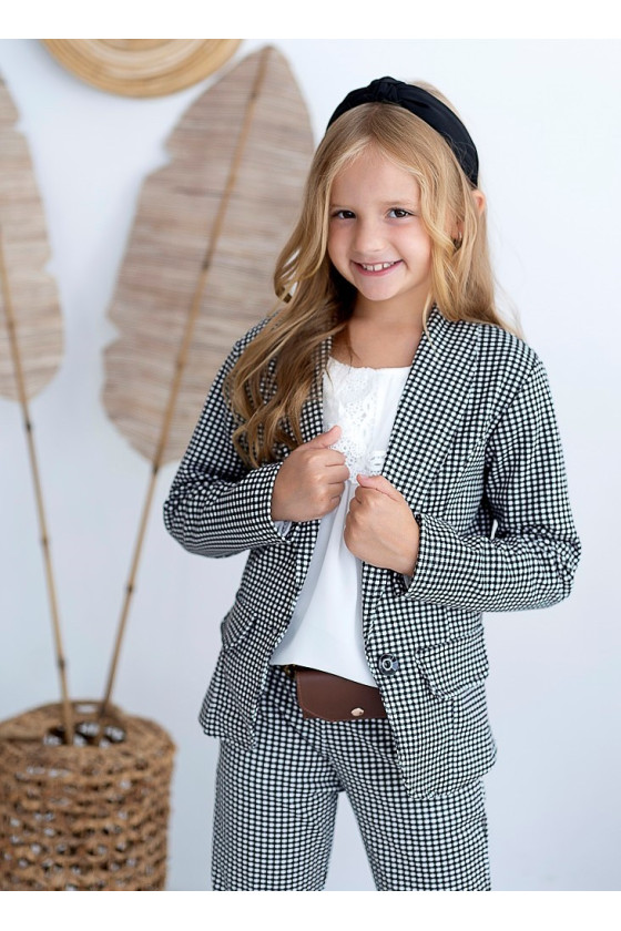 Komplet dla dziewczynki żakiet i spodnie w kratke z saszetką witaj szkoło sówka odzież dziecięca