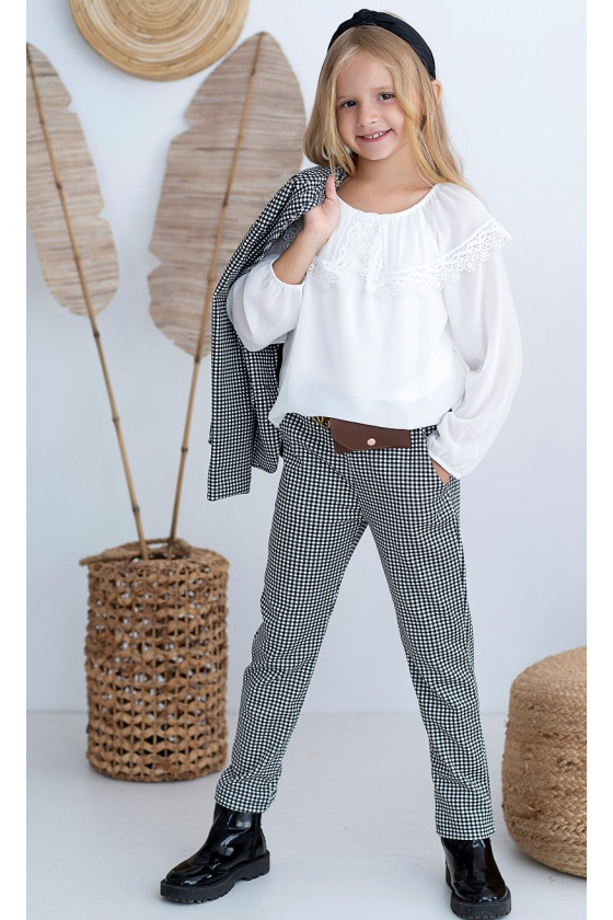 Komplet dla dziewczynki żakiet i spodnie w kratke z saszetką witaj szkoło sówka odzież dziecięca